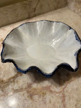 Handcrafted White Ceramic Decorative Bowl with Blue Edge